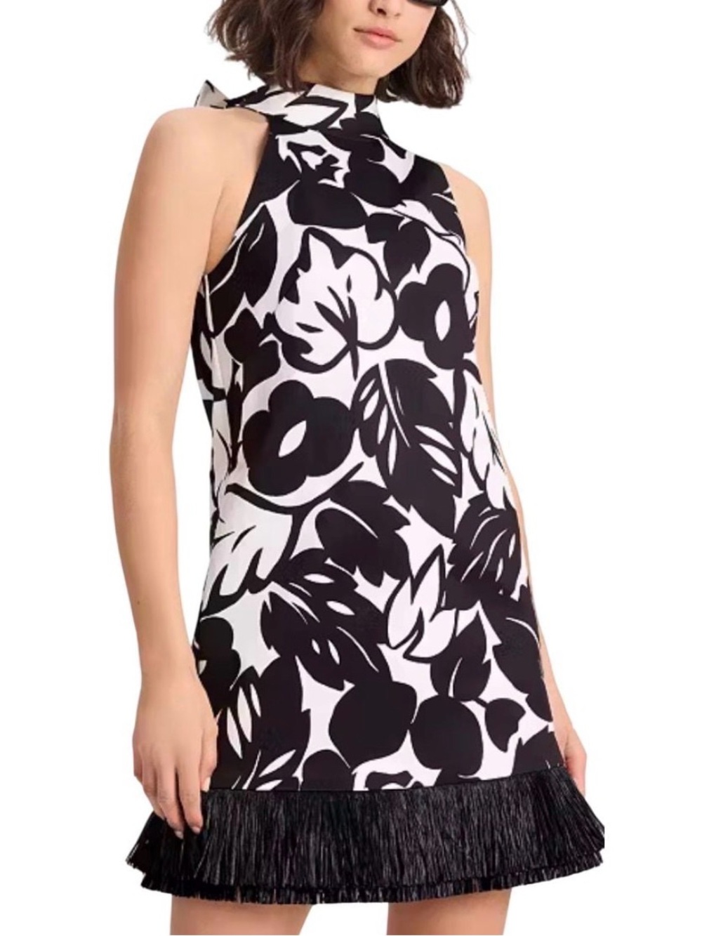NWT Kate Spade New Black & White Floral High-Neck Dress with Fringe Hem Size 12